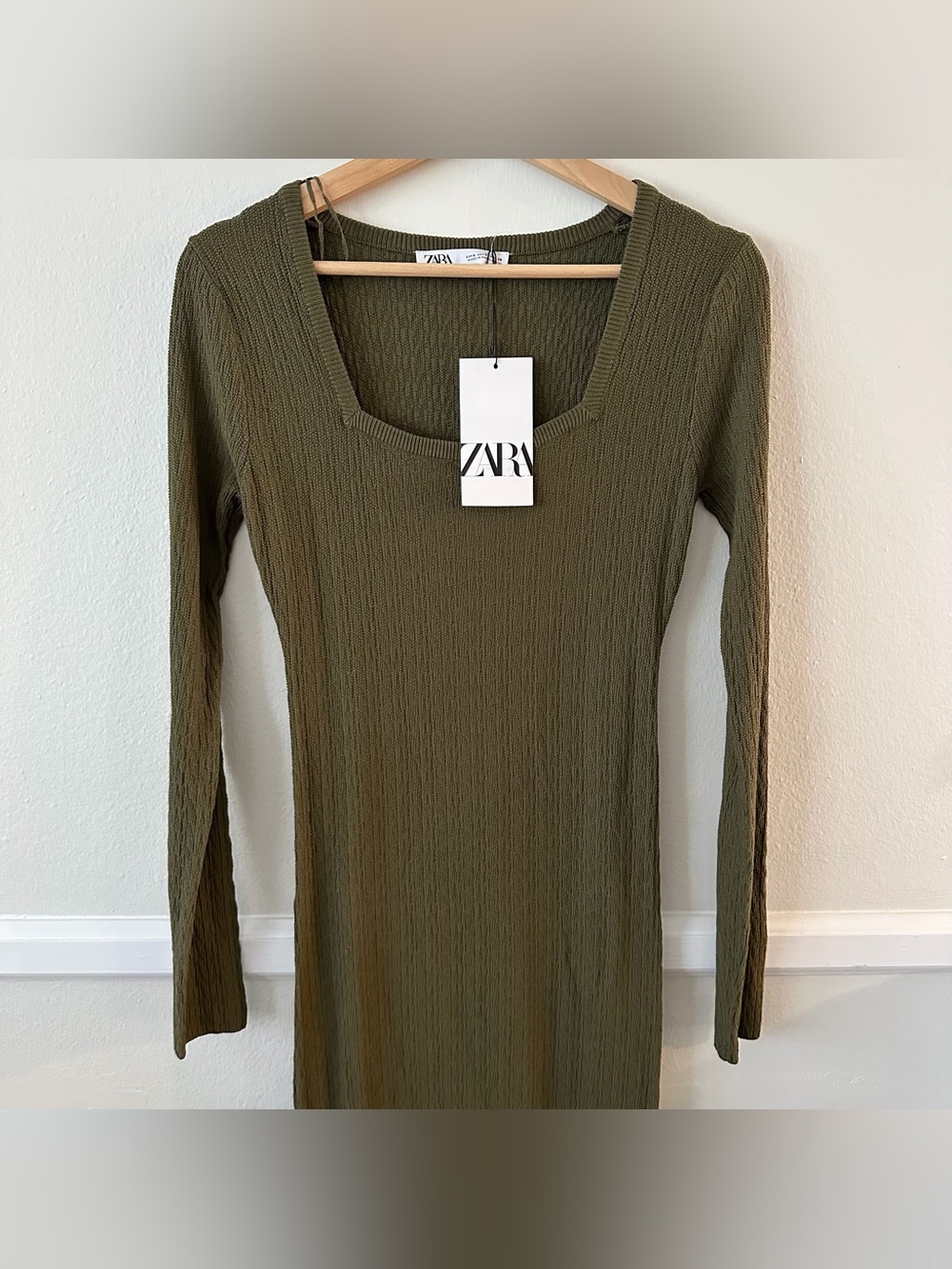 ZARA Olive Ribbed Long Sleeve Square Neck Midi Dress